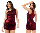 Mapale 40017 shimmering red metallic one-shoulder mini dress with ruched bodice and side slit