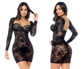 Black lace bodycon dress with long sleeves floral pattern and matching panty by mapale in black color