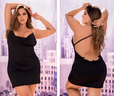 Back view of mapale 4551x black satin mini dress with thin spaghetti straps and gold chain detailing