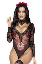 Black lace bodysuit by mapale 60008 featuring vibrant sugar skull and red pink floral accents for sexy catrina look