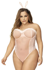 Pink bunny-themed bodysuit with sheer mesh panels and faux fur trim by mapale for a sexy costume look