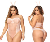 Pink bunny-themed lingerie set by mapale featuring mesh and lace detailing in vibrant pink color for costume wear