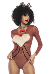 Mapale 60012 sexy babe reindeer brown bodysuit with white heart patch and black straps with gold bells festive costume