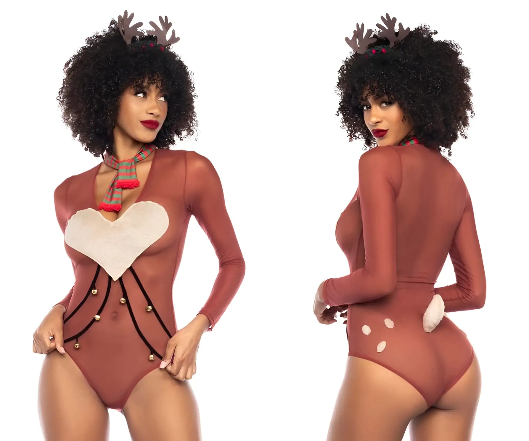 Mapale 60012 costume sexy babe reindeer one-piece in reddish-brown stretchy fabric with white hearts black trim and antler headpiece