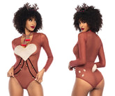 Mapale 60012 costume sexy babe reindeer one-piece in reddish-brown stretchy fabric with white hearts black trim and antler headpiece