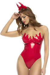 Mapale 60023 devilicious latex one-piece costume with red flame pattern and matching red devil horns headpiece