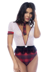 Mapale 60031 red and black plaid lingerie bodysuit with lace trim short sheer sleeves and a matching neckline tie