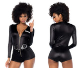 Black shiny faux leather police-themed bodysuit with front zipper and silver handcuffs by Mapale 60035 sultry swat officer
