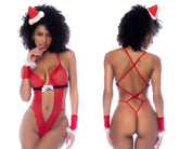 Red lace Santa-themed bodysuit with black trim and white bow detail by Mapale model 60039 in Mrs Claus color as shown