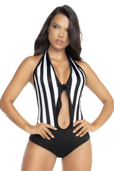 Black and white vertically striped halter one-piece swimsuit with bow front by Mapale 60040 referee color as shown