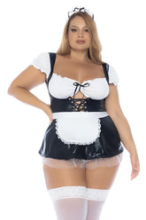 Black and white plus-size Mapale 60043X French maid costume with lace-up corset, ruffled sleeves, frilly apron, and tulle skirt