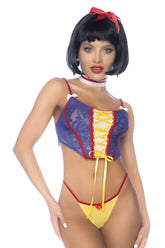 Blue and yellow lace corset top with red trim and matching lacing from mapale 60049 poisoned apple princess costume