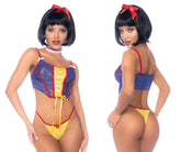 Blue and yellow lace snow white costume with red ribbon accents from mapale 60049 poisoned apple princess fantasy