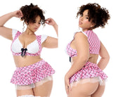 Pink and black checkered Mapale 60055X schoolgirl lingerie set with white lace trim and black bow at the bust