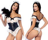 Mapale 60058 white and black lace French maid costume with corset bodice off-the-shoulder sleeves and headpiece