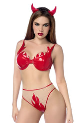 Red glossy latex devil costume set with flame cutouts and matching red horns by mapale 60063 devil color as shown