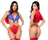 Mapale 60064 super girl lace lingerie set in blue and red with gold belt detail for superhero-themed look