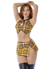 Yellow and black plaid two-piece school girl costume set by mapale 60069 with skirt and top as shown