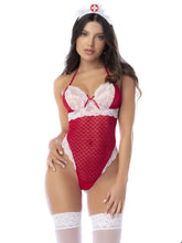 Red and white lace nurse-themed bodysuit with mesh panels by Mapale 60070 for costume use