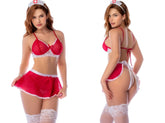 Red and white lace nurse costume with mesh fabric scalloped hemline and matching headpiece by mapale 60071