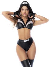 Black faux leather police officer costume set by mapale with white police lettering on cap bra top and high waisted bottoms