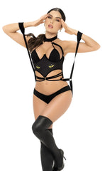 Black cat-themed lingerie set by mapale with glowing green eyes and adjustable straps in black color