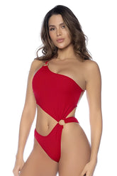 Mapale 67112 one piece swimsuit in vibrant red with a one shoulder cut out design and waist knot detail