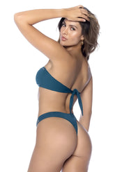 Teal two-piece bikini set by mapale with bandeau top tied at the back and high-cut ocean blue bottoms back view