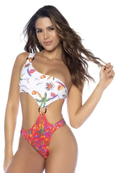 Mapale 67135 one piece swimsuit with tropical bird and palm tree print, white top, bold orange-red bottom, gold hardware accents
