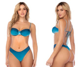 A vibrant teal satin Mapale 67159 two piece swimsuit with ruched top and tie back detailing in azur wave color