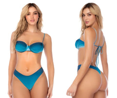 A vibrant teal satin Mapale 67159 two piece swimsuit with ruched top and tie back detailing in azur wave color