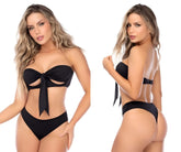 Mapale 67167 two piece swimsuit in black with a strapless front bow bikini top and matching high waisted bottoms