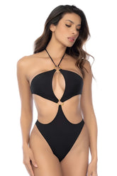 Black Mapale 67168 one-piece swimsuit with gold-toned circular cutouts and halter neck design