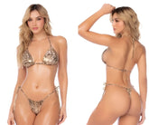 Gold-toned liquid leopard print bikini set by mapale with thin straps and tie-side detailing two piece swimsuit