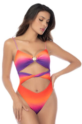 Mapale 67176 one piece swimsuit in rose dusk featuring a vibrant orange to purple gradient with thin straps and a shell accent