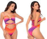 Mapale 67176 one piece swimsuit in rose dusk with vibrant orange pink purple gradient and shell accent front tied back design