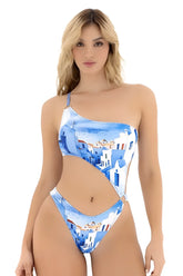 Mapale 67179 one piece swimsuit in santorini blue features a blue and white printed one-shoulder design with cutout detail