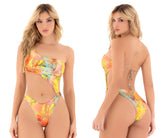 Vibrant golden tropic tropical print one-piece swimsuit with cut-out side and adjustable back ties by mapale