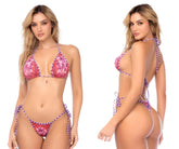 Mapale 67191 two piece swimsuit in pink and purple tropical print with matching tie side strings desert mirage color