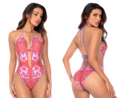 Mapale 67193 one piece swimsuit in vibrant coral and purple with tropical palm tree pattern halter neck and cut-outs