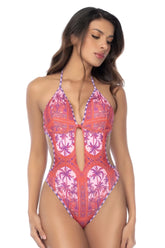 Mapale 67193 one piece swimsuit in coral and purple palm tree print with halter neckline and keyhole bust cutout