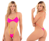 Vibrant fuchsia pink and yellow neon one-piece swimsuit by mapale with thin straps and cutout design for stylish beachwear