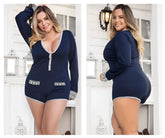 Mapale 7233X navy blue long sleeve pajama romper with gray trim and white patterned pockets for comfortable sleepwear
