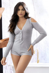 Gray long-sleeve sleep romper by Mapale with cold-shoulder cutouts and front button closure