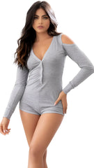 Gray mapale 7392 long sleeve sleep romper with v-neck and cold-shoulder cut for comfortable loungewear