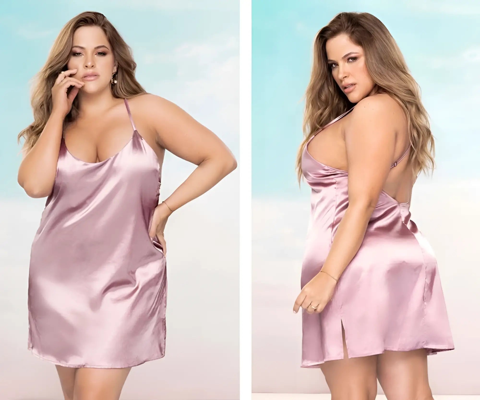 Mapale 7422X babydoll soft pink satin slip dress with thin straps and back slit shown from the back side