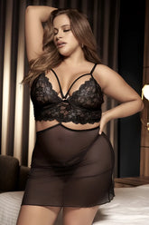 Black lace bra with floral patterns and thin straps paired with sheer brown mesh nightgown mapale 7433x babydoll set