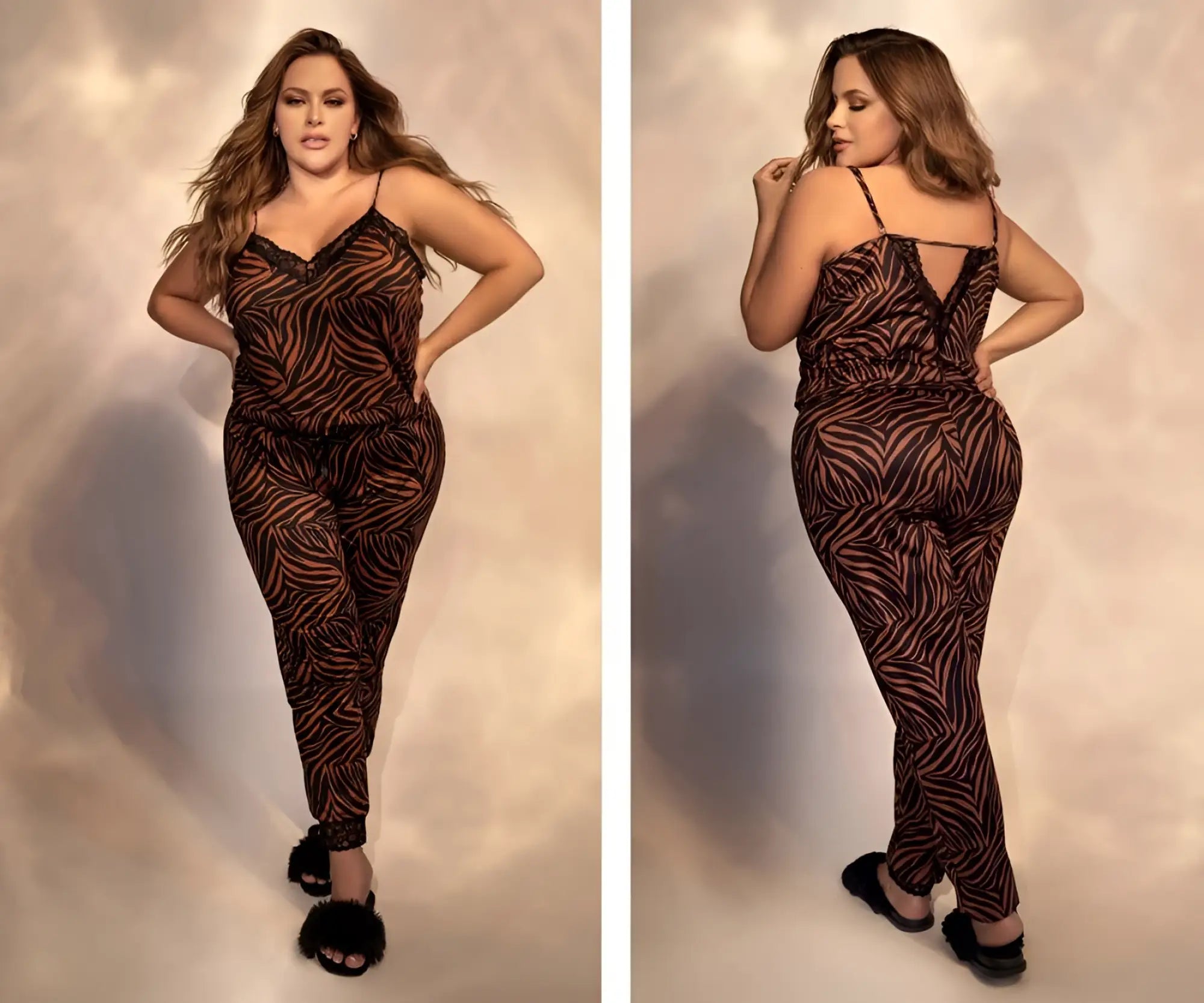 A plus-size woman models a brown and black zebra-print animal print Mapale 7452X two piece pajama set with lace trim