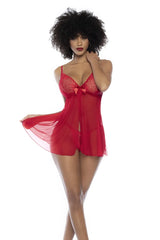 Red lace chemise mapale 7501 babydoll with sheer fabric and bow at the neckline in red color