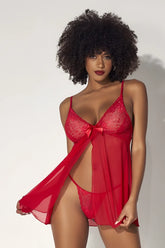 Red lace lingerie set mapale 7501 babydoll in red with sheer overlay and matching thong for intimate wear